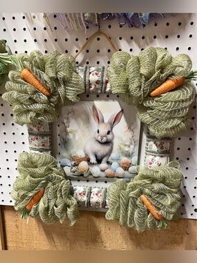 Spring Easter Bunny Holiday Wreath Frame Ribbon, yarn and burlap mesh wreath